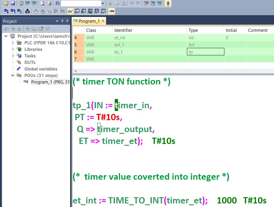 Pulse Timer (TP) In Structured text (ST) PROGRAMMING